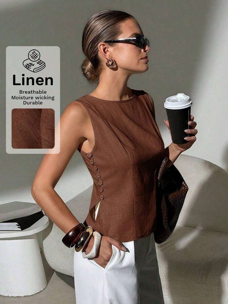 Camisa blanca de lino sin mangas, ajustada, con botones de nudo de bambú, estilo vintage para oficina - Marrón - Ver 1