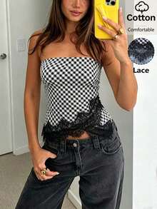 Top bandeau de satén mate con ribete de encaje, de moda casual de verano para playa y resort para mujer - Blanco y Negro - Ver 1
