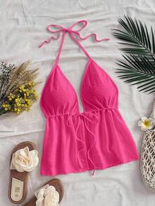 Camiseta de tirantes con cuello de halter y nudo en la espalda para mujer, adecuada para el verano - Rosado Sandía - Ver 6