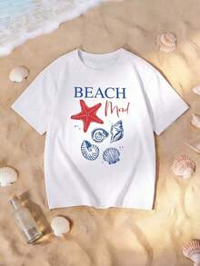 Women's Casual White T-Shirt With 'Beach Mood' Print, Round Neck, Short Sleeve, Drop Shoulder, For Summer Beachwear, Knit Fabric, Regular Length VESN - 白色 - 查看 2