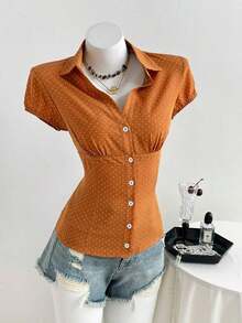 Camisa de mujer con cuello en V, cintura fruncida y manga corta, color blanco, para primavera/verano - Amarillo 2 - Ver 3