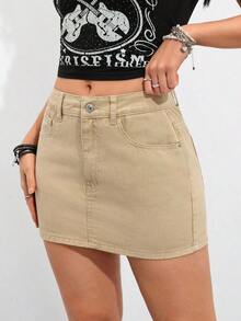 Minifalda vaquera casual de uso diario para mujer con bolsillos y botones - Caqui - Ver 1