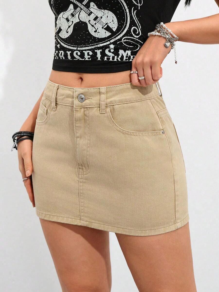 Minifalda vaquera casual de uso diario para mujer con bolsillos y botones - Caqui - Ver 1