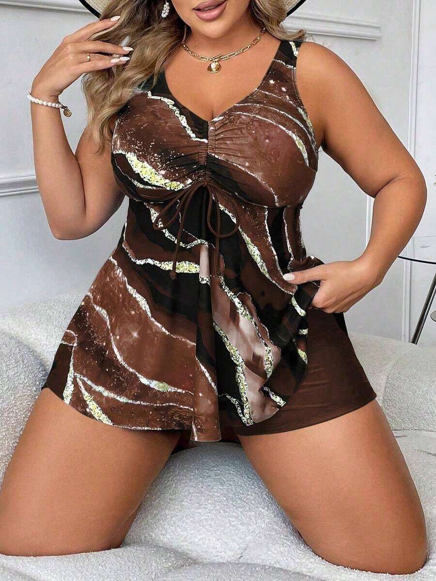 Swim Lushoire Vestido de baño con estampado de mármol para playa de talla grande y pantalones cortos de baño sólidos - Multicolor - Ver 1