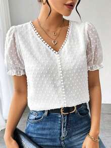 Blusa de gasa con estampado de lunares francés de moda para mujer, diseño elegante y elegante de manga corta con volantes para el verano - Blanco - Ver 1