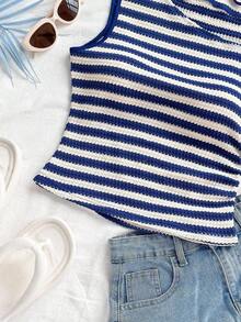Parte superior ajustada de punto con cuello asimétrico a rayas rojas y blancas, adecuada para fiesta, Navidad, cita, playa, crucero, carnaval, parte superior de punto de tirantes a rayas de verano, parte superior de punto de verano para mujer, - Multicolor - Ver 7