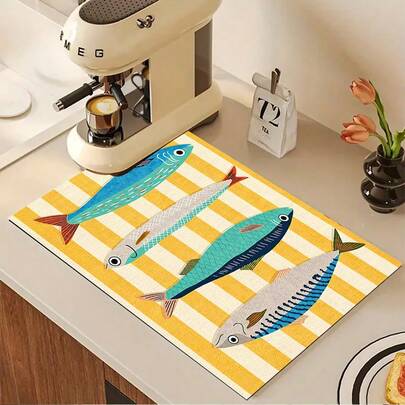 1pc 4-Fish Print Absorbent Mat/Drying Mat For Coffee Maker, Dishes - Polyester Absorbent Desktop Protective Mat With Rubber Anti-Slip Pad, For Kitchen Counter Decor, Home Bar And Dining Table