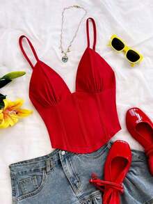 Camiseta sin mangas de punto rojo con escote en V y espalda cruzada, adecuada para citas, estilo bohemio, vacaciones, otoño, ropa de mujer, vintage, días festivos - Rojo - Ver 8