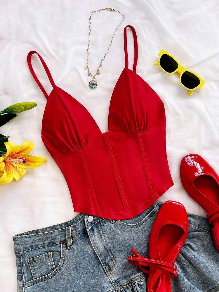 Camiseta sin mangas de punto rojo con escote en V y espalda cruzada, adecuada para citas, estilo bohemio, vacaciones, otoño, ropa de mujer, vintage, días festivos - Rojo - Añade 8