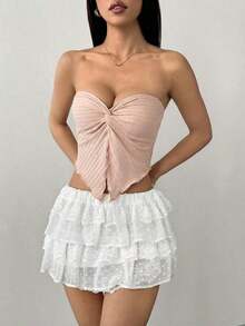 Top tubo de punto de textura amarillo ganso para mujer con abertura anudada en el medio delantero y borde ondulado, ajuste ceñido, para uso en fiestas, vacaciones y otoño/invierno - Rosa Pálido - Ver 9