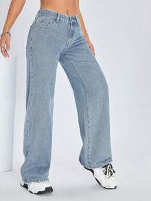 ICON Solid Color Wide Leg Pocket Jeans, Casual And Versatile - 淺色水洗 4 - 查看 1