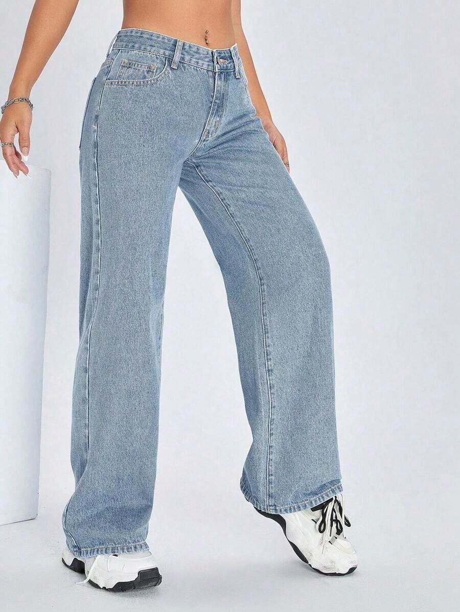 ICON Solid Color Wide Leg Pocket Jeans, Casual And Versatile - 淺色水洗 4 - 查看 1