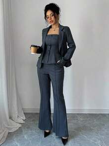 Set de 3 piezas elegante para mujer: Chaqueta con cuello de solapa, top camiseta y pantalones de campana para el otoño - Gris - Ver 7