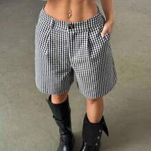 Women's Casual Black & White Plaid Shorts, Spring - Blanco y Negro - Ver 1