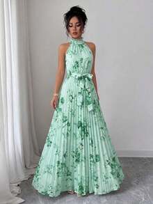 Vestido elegante y romántico con estampado floral, corte evasé y escote halter sin mangas para mujer - Multicolor 5 - Ver 3