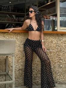 Conjunto de bikini primavera/verano 2026 para mujer, conjunto de bikini de lunares blanco y negro estilo vintage francés combinado con pantalones de malla de pierna ancha sexy y elegante, accesorio de pañuelo de cabeza a la moda, conjunto de playa y traje de baño para mujer, adecuado para vacaciones en la playa y fiestas en la piscina - Negro - Ver 3