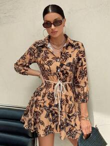 GENKIRA Vestido camisero con estampado todo sobre y cinturón, atuendos de trabajo y vacaciones para mujer - Multicolor 2 - Ver 6