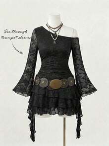 MOD Vestido asimétrico con volantes para mujer talla grande en color marrón oscuro, vestido marrón oscuro, vestido marrón café, vestido corto marrón, vestido, vestido de otoño/invierno, vestido de Navidad, vestido de Año Nuevo, vestido de Acción de Gracias, vestido de fiesta, disfraces de Navidad, vestidos de fiesta para mujer, vestido de fiesta de Navidad - Negro - Ver 3