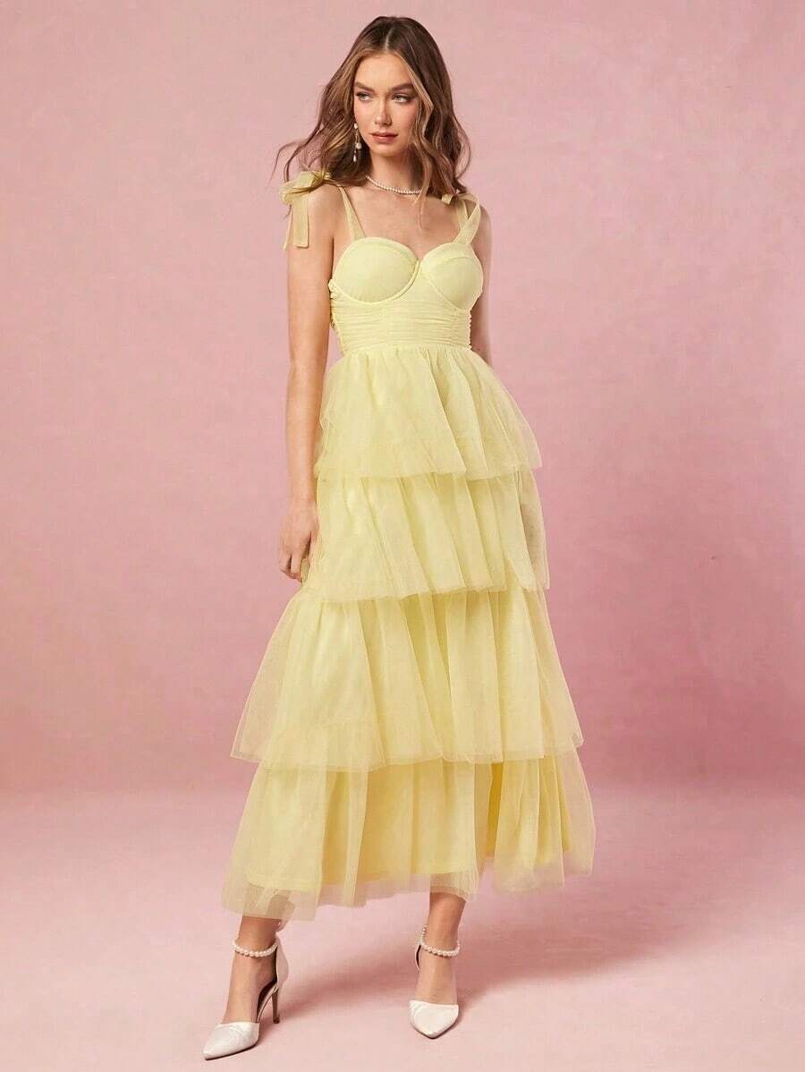 Vestido de mujer elegante de unicolor con tirantes de malla - Amarillo - Ver 1