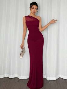 Vestido maxi ajustado de estilo elegante y romántico con cuello asimétrico, adecuado para fiesta, vacaciones en la playa, vuelta al colegio, citas románticas, temporada de bodas, cumpleaños, Pascua, primavera/verano - Burdeos - Ver 7