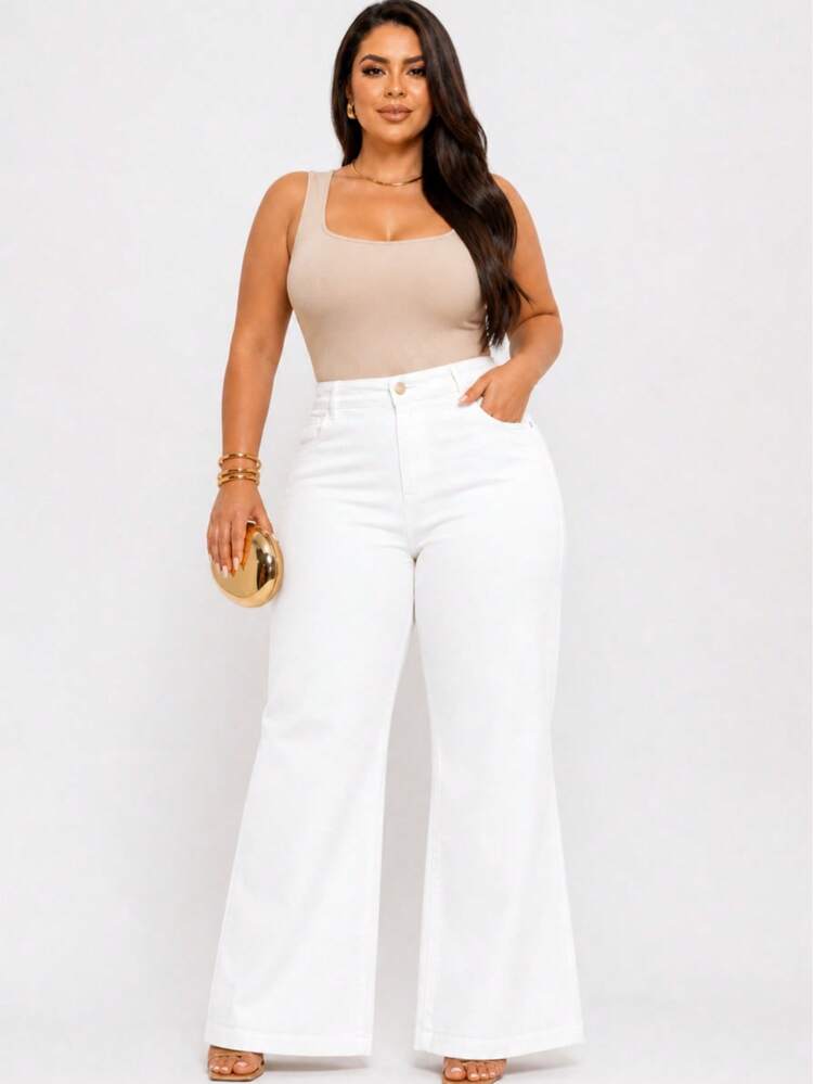 Women's Wide Leg Plus Size Jeans - High Quality - White - View 4