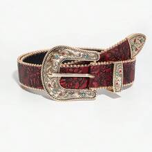 1pc Multicolor Bohemian Patterned Floral Element Metal Buckle Colorful Flower Print Women's Decorative Belt, Suitable For Commuting And Daily Wear - Red - Red Diamond - View 8