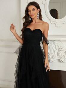 Belle Vestido de dama de honor con hombros descubiertos y malla, negro, elegante, formal, de noche, para graduación, cena o fiesta de boda - Negro - Ver 7