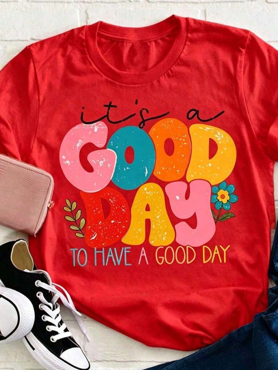 Camiseta Vintage de Afirmaciones Positivas para Mujer | "Es un buen día para tener un buen día" con letras coloridas y detalles florales, corte relajado en azul marino, camiseta suave para uso diario, lavable a máquina, top casual para primavera, verano, otoño, camiseta casual de cuello redondo para mujer, camiseta para fiesta de Pascua, camiseta de manga corta con estampado de mamá para el Día de la Madre, camiseta de manga corta de fútbol para mujer, camiseta básica de uso diario para mujer, camiseta gráfica. - Rojo - Ver 1