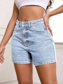 Shorts vaqueros de mujer de talle alto, versátiles, con lavado vintage, de corte holgado y longitud a la rodilla, en estilo casual retro, moda de verano - Lavado ligero - Ver 4