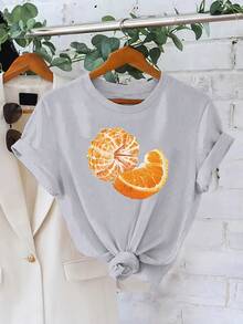 Plus Size, Summer Novelty, Women's Fashion Casual T-Shirt With Orange Slice And Pulp Print, Stylish Women's Clothing - 黑色 - 查看 10