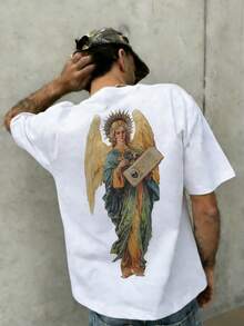 Camiseta de manga corta holgada de estilo casual, rock y hip hop para hombre Fractyr| Impresión de Ángel| Diseño Exquisito| Imprescindible para Primavera/Verano| Estilo Básico, Retro y Versá - Blanco - Ver 3