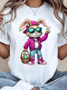 Fun Unisex Easter Bunny T-Shirt, Christian Easter T-Shirt, Gift For Christians. Unisex T-Shirt Made Of 220g Pure Cotton, Ideal Weight For All Seasons, Suitable For Both Men And Women. Durable, High-Quality Fabric, Soft To The Touch And Long-Lasting. Breathable Top. Suitable For Women's Spring And Summer, Holidays, Mother's Day, And Independence Day. - 白色 - 查看 1