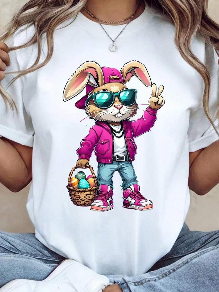 Fun Unisex Easter Bunny T-Shirt, Christian Easter T-Shirt, Gift For Christians. Unisex T-Shirt Made Of 220g Pure Cotton, Ideal Weight For All Seasons, Suitable For Both Men And Women. Durable, High-Quality Fabric, Soft To The Touch And Long-Lasting. Breathable Top. Suitable For Women's Spring And Summer, Holidays, Mother's Day, And Independence Day. - 白色 - 查看 1