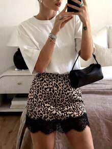 Falda evasé con estampado de leopardo y encaje en contraste para mujer - Multicolor - Ver 8