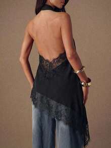 Satin Top With Elegant Lace Patches, Backless, Sexy Halter Neck Sleeveless Blouse For Parties, Cocktails, Formal Occasions, Christmas And Business Casual - 黑色 - 查看 7
