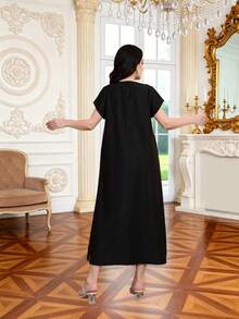 2026 New Style Ramadan Traditional Elegant Black Dress With Gold Embroidery, Jalabia V-Neck Fashion Dress, Eid Al-Adha Traditional Clothing - Black - View 5