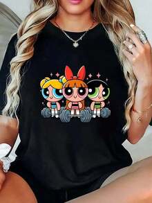 1pc blusas de mujer blusas bonitas para mujeres blusas elegantes para mujer ropa de mujer conjuntos para mujer Las Chicas Superpoderosas camiseta 180g negro y blanco algodón patrón estampado Powerpuff Girls gym algodón alta calidad cuello redondo ajuste básico holgado hombres y mujeres transpirable versátil lavable a máquina cómoda talla S~3XL diaria casual sports verano,Playera Gráfica Oversized Mujer Verano Casual - Negro - Ver 7