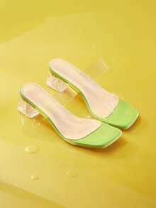 Trivaya Plus Size Women's Transparent Strap Crystal High Heel Sandals, Fashionable Open Toe Chunky Heels Comfortable Slip-On Beach Party Shoes - Lime Green - View 1