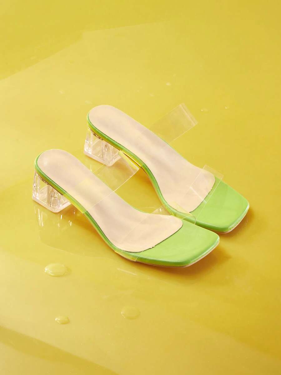Trivaya Plus Size Women's Transparent Strap Crystal High Heel Sandals, Fashionable Open Toe Chunky Heels Comfortable Slip-On Beach Party Shoes - Lime Green - View 1