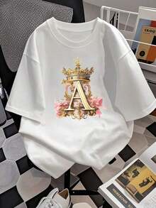 Graphic T-Shirt With Royal Initial A, Elegant Women's T-Shirt With Floral Design And Ornate Crown, Artistic Print, Unique Style, Soft And Comfortable Fabric, Perfect Gift For Her - 白色 - 查看 2