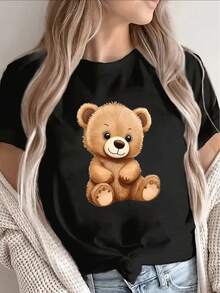 Casual Short-Sleeved Polyester T-Shirt With A Cute Bear Print. Lightweight And Durable, Perfect For Casual Wear At Home, The Office, Or Restaurants. 100% Cotton. Durable. - 黑色 - 查看 1