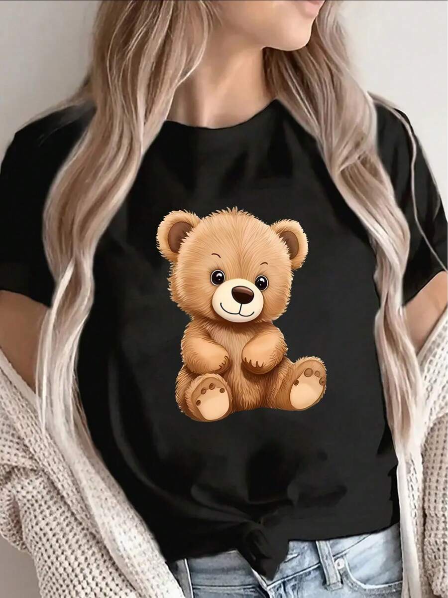 Casual Short-Sleeved Polyester T-Shirt With A Cute Bear Print. Lightweight And Durable, Perfect For Casual Wear At Home, The Office, Or Restaurants. 100% Cotton. Durable. - 黑色 - 查看 1