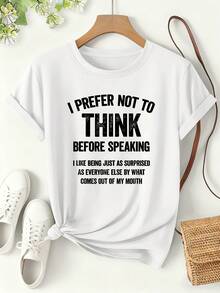 Women's T-Shirt With Slogan Print "I PREFER NOT TO THINK", Spring/Summer 2026, Quirky Style, Short Sleeve, Personalized Casual Outfit, Loose-Fitting Top, Versatile Design With A Fun Slogan, Women's Clothing, Sizes S-XXL. - 黑色 - 查看 6