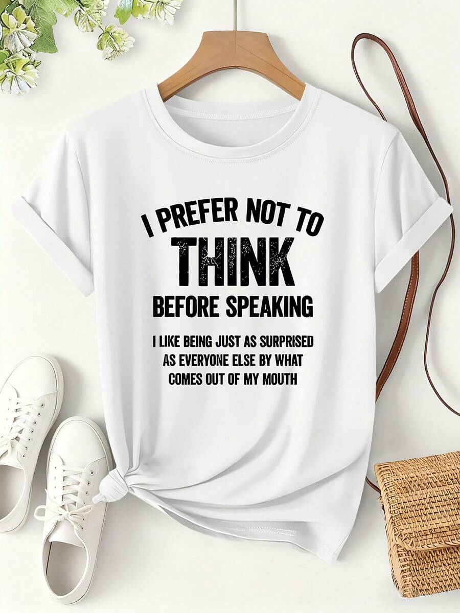Women's T-Shirt With Slogan Print "I PREFER NOT TO THINK", Spring/Summer 2026, Quirky Style, Short Sleeve, Personalized Casual Outfit, Loose-Fitting Top, Versatile Design With A Fun Slogan, Women's Clothing, Sizes S-XXL. - 白色 - 查看 1