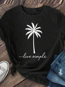 Camiseta de Mujer con Estampado de Cocoteros - Tejido suave y transpirable, corte holgado, cuello redondo, manga corta, estilo casual, lavable a máquina para primavera y verano, camiseta con estampado de cocoteros, material ligero y cómodo, camiseta estampada, artículo esencial para el verano, estilo vacacional, camiseta ligera con estampado. Idea de regalo. - Negro - Ver 7