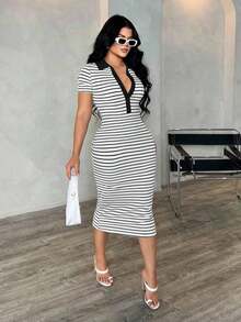 Vestido polo de manga corta a rayas blanco y negro de estilo minimalista y casual para ir al trabajo, vestido de punto de media longitud con ajuste ceñido y gran elasticidad, vestido elegante francés - Negro 2 - Ver 3