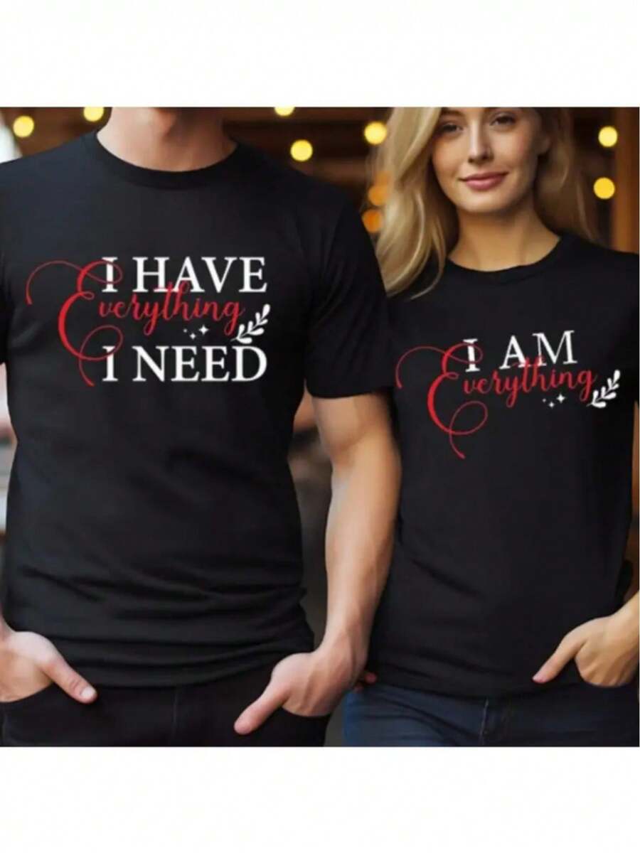 Paquete de 1 pieza: camiseta "Tengo todo lo que necesito, soy todo", camiseta de San Valentín, camiseta de pareja, camiseta de pareja a juego, camiseta de manga corta con cuello redondo y estampado en negro, cómoda, versátil, suave y transpirable, un regalo para padres y amigos. HGS8 - Negro - Ropa de mujer - Ver 1