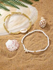 Set de 2 piezas Tobillera de estilo playero de verano con cuentas, estrella de mar y concha para mujeres - Amarillo Oro - Ver 2