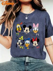 Disney Mickey Mouse Pluto Goofy Daisy Duck Donald Duck Minnie Mouse Character Signatures Graphic Crew Neck Casual Short Sleeve T-Shirt, Women's Loose Fit Summer Top - Royal Blue - View 1