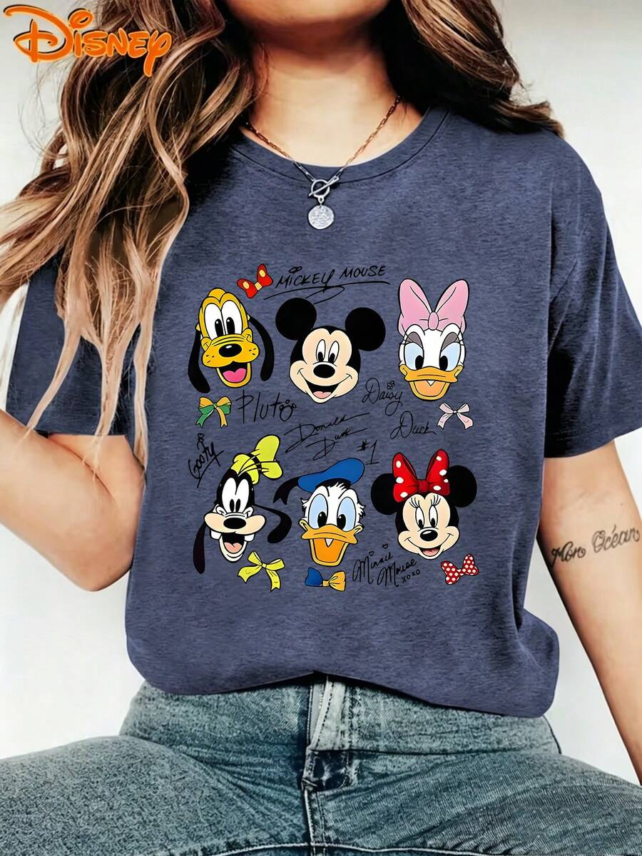 Disney Mickey Mouse Pluto Goofy Daisy Duck Donald Duck Minnie Mouse Character Signatures Graphic Crew Neck Casual Short Sleeve T-Shirt, Women's Loose Fit Summer Top - Royal Blue - View 1